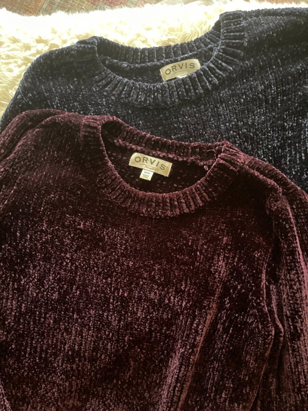 Lot of 2 Orvis women's chenille sweaters S blue and purple cozy relaxed capsule